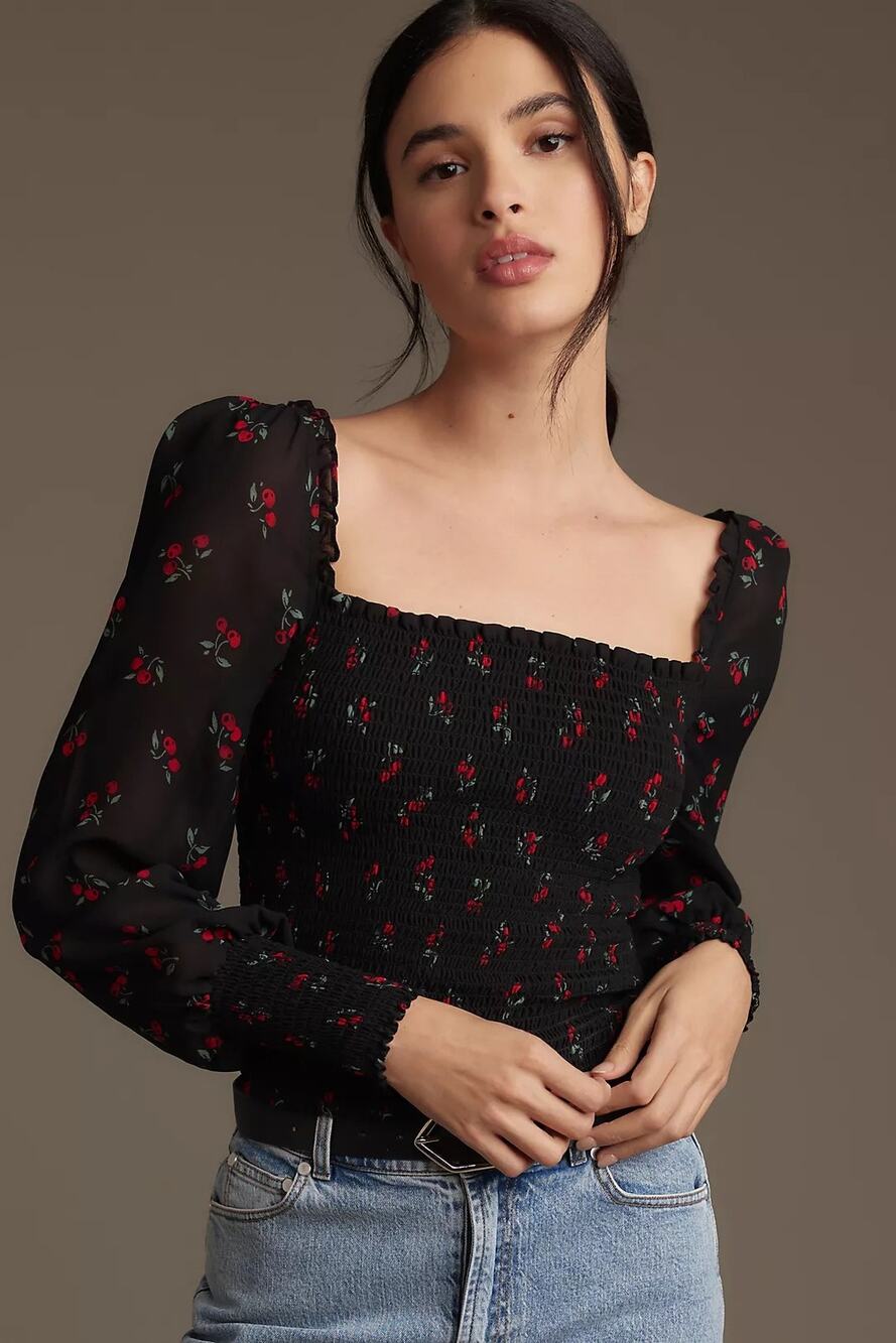 Reformation Pinto Black Long-Sleeve Rose Print Square-Neck Top Sz 10
